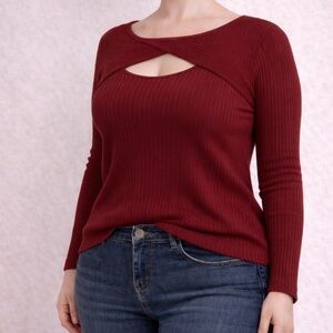 Heart N Crush Cutout Ribbed Sweater Maroon Long Sleeve Trendy Layered NWT - 1X
